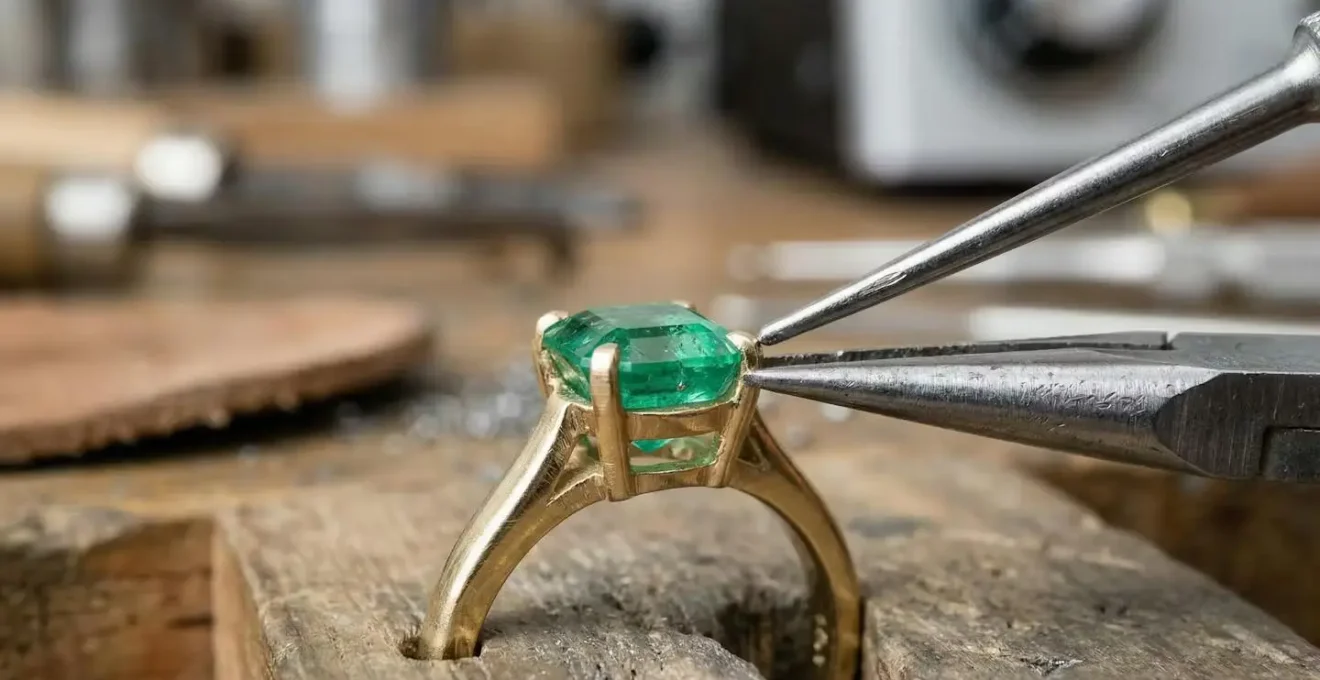 Jeweler's hands carefully working on unsetting a gemstone from a ring