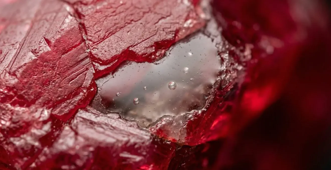 Extreme close-up showing glass-filled cavity in ruby surface