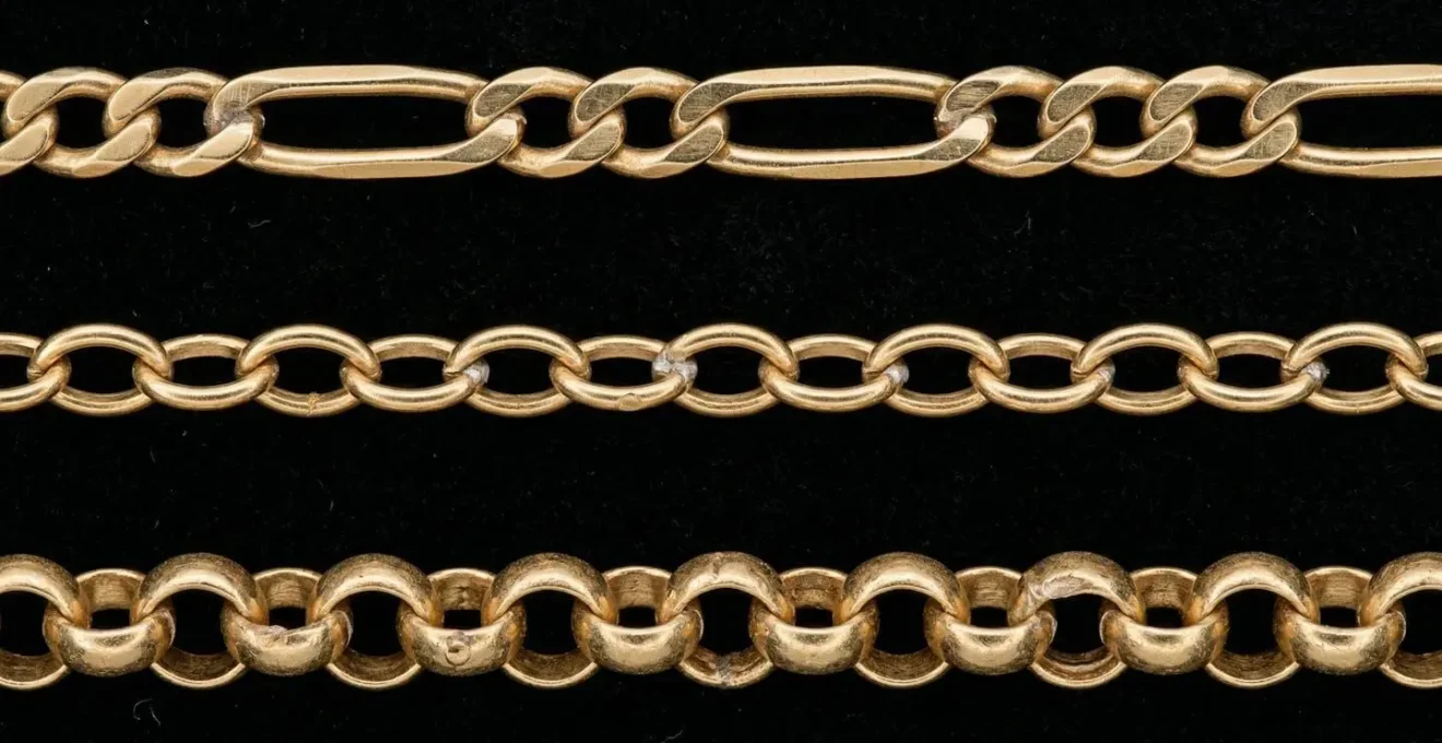 Extreme close-up of soldered gold chain links showing Curb, Trace and Belcher patterns
