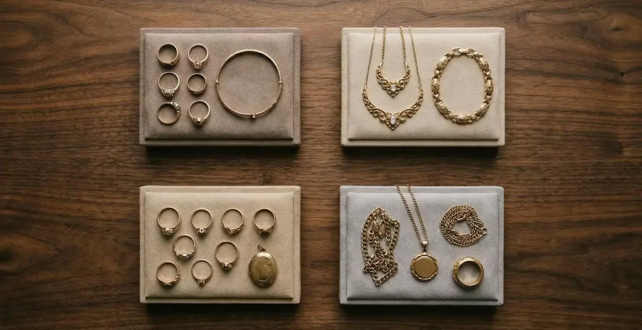 Strategic arrangement of gold jewelry pieces demonstrating tax-efficient selling approach