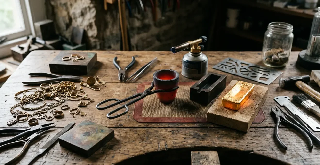 Old gold jewelry being transformed in a workshop setting