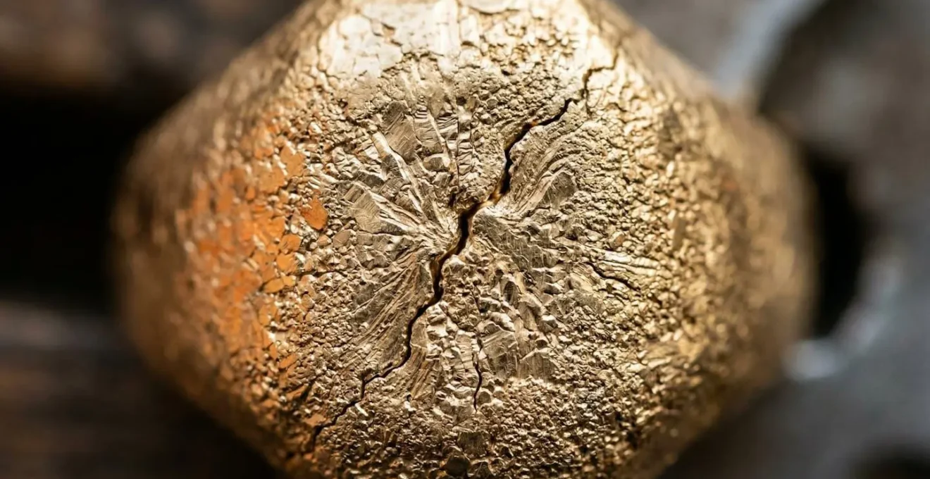 Extreme close-up of 9ct gold surface showing micro-fractures under stress