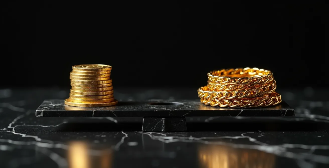 Side-by-side comparison of gold sovereign coins and heavy gold chains