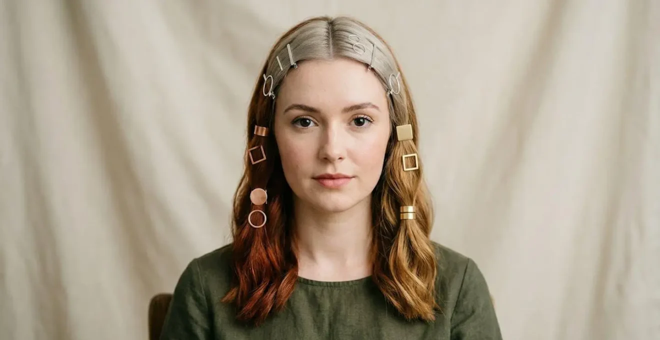 A person with sectioned hair showing ash blonde, copper red, and honey highlights, paired with silver, rose gold, and yellow gold jewelry.
