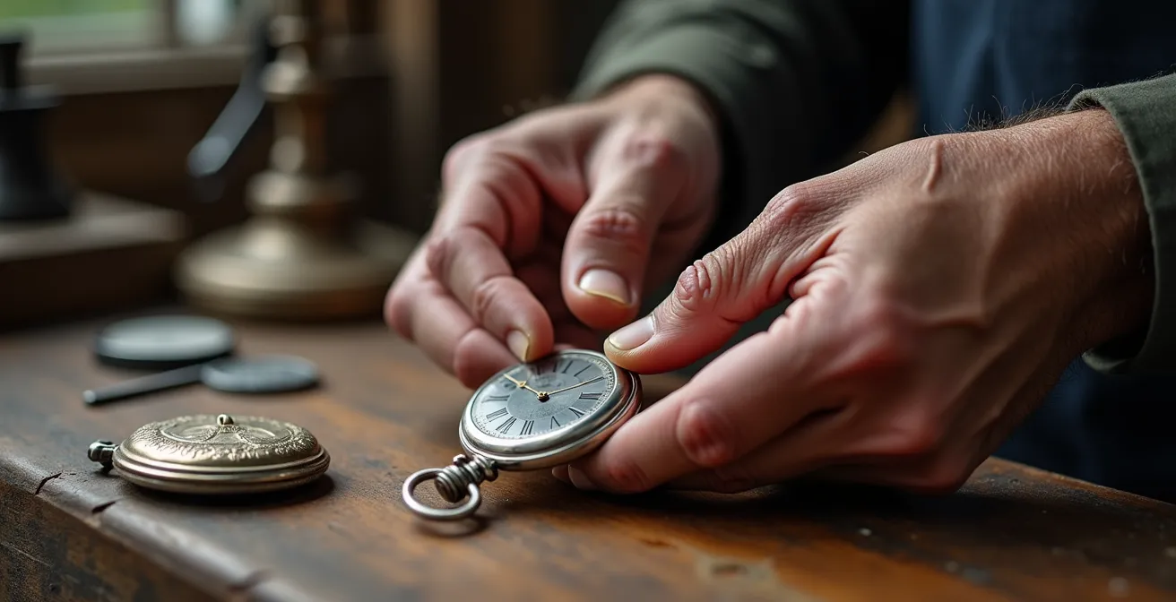 Detailed view of examining British hallmark symbols with a professional jeweler's loupe