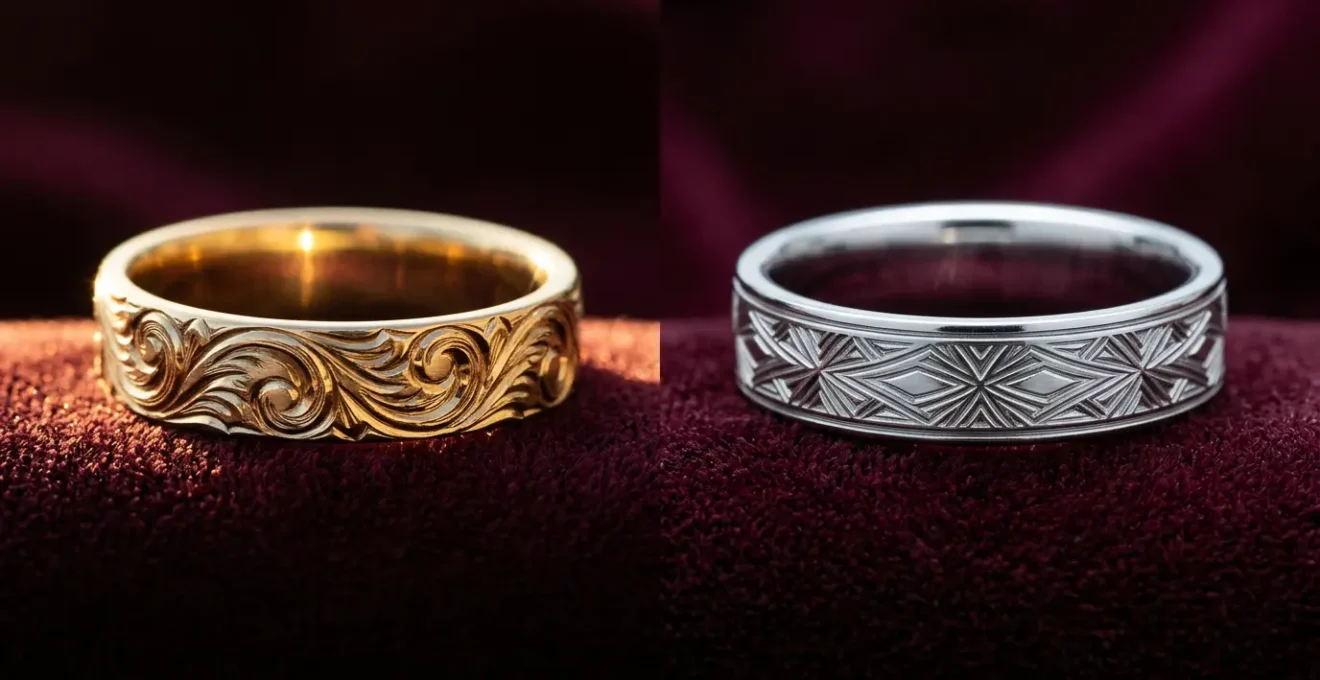 Close-up comparison of hand-engraved and laser-engraved wedding band details under natural light