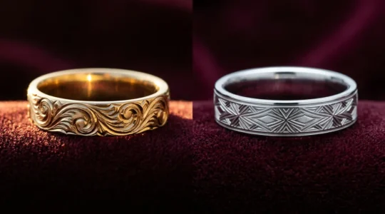 Close-up comparison of hand-engraved and laser-engraved wedding band details under natural light