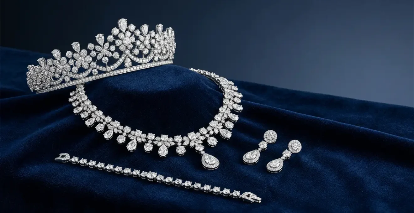 Elegant high jewellery parure set displayed on luxurious velvet with sophisticated lighting