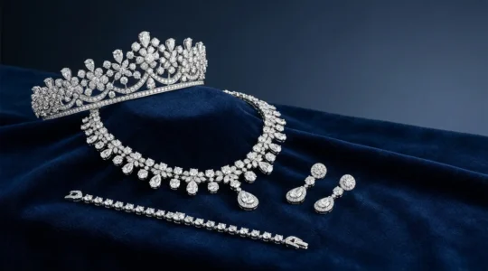 Elegant high jewellery parure set displayed on luxurious velvet with sophisticated lighting
