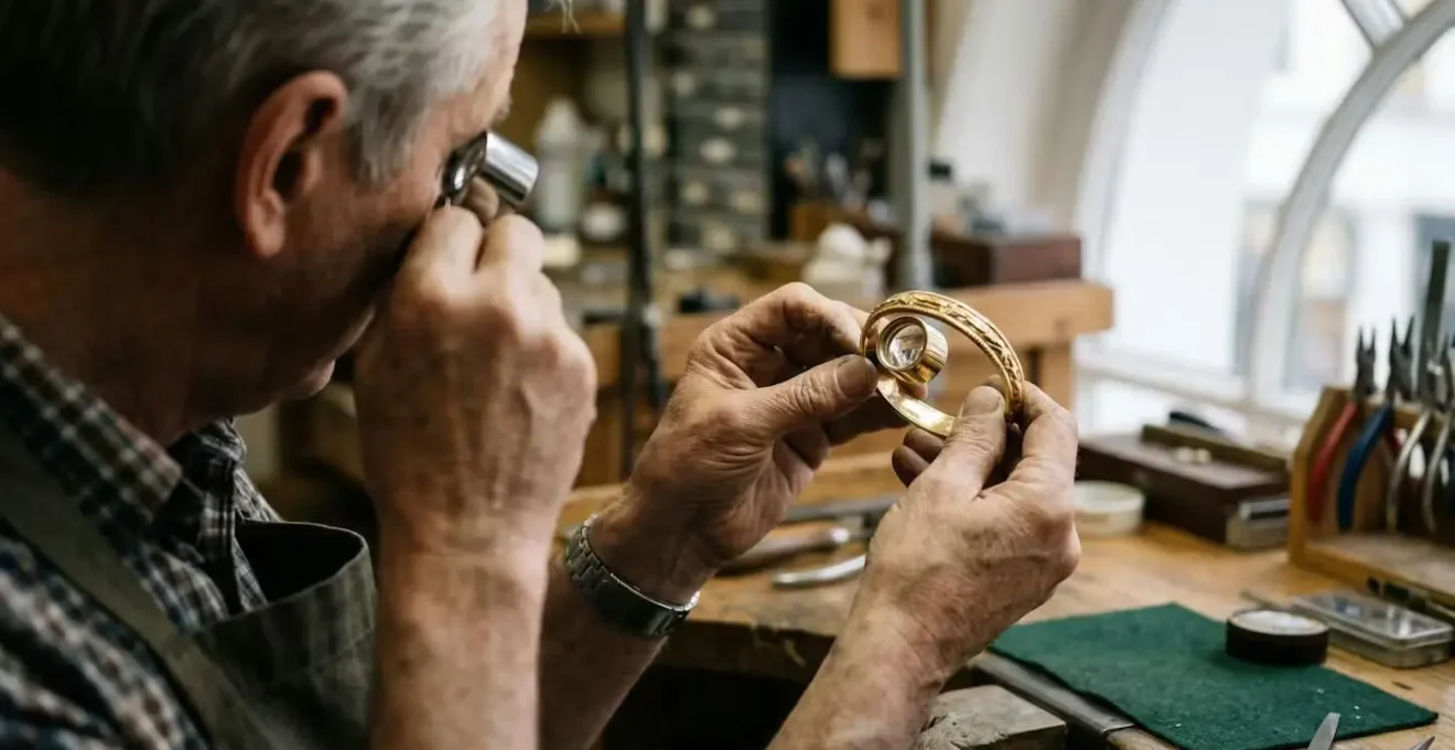 Professional jeweler examining hallmarks with specialized loupe in London arcade