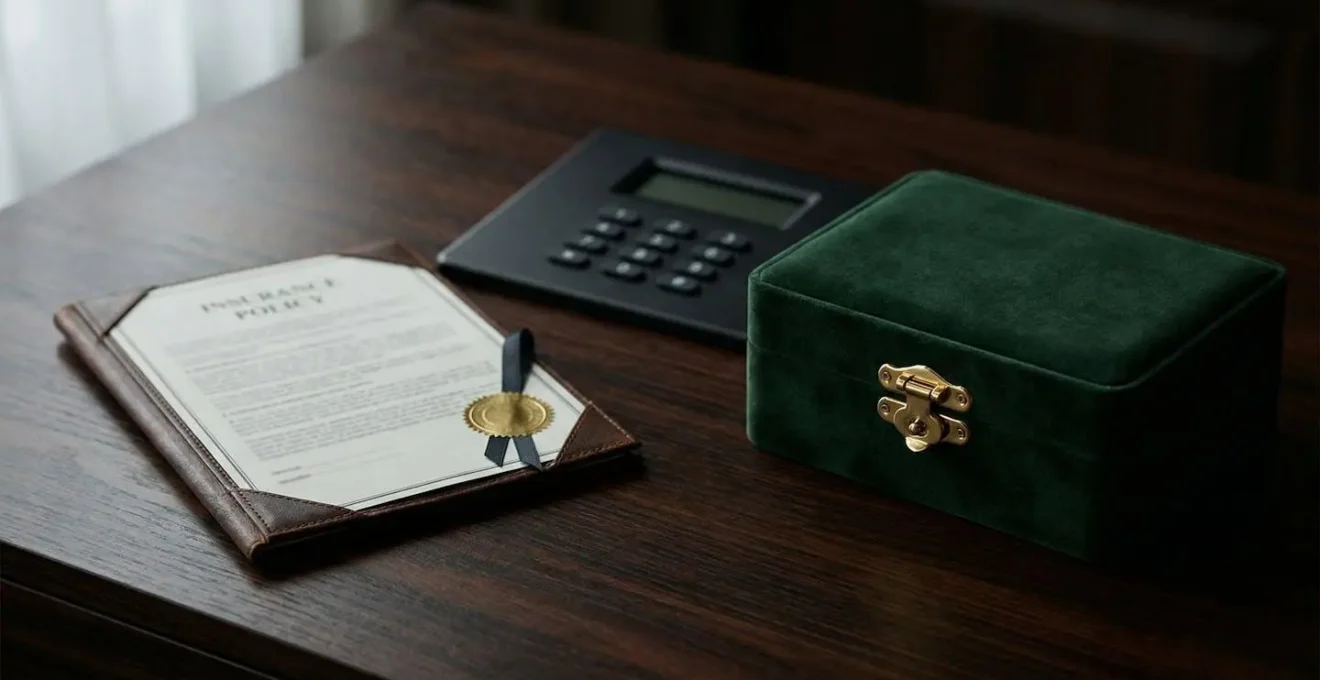 Professional display of jewelry insurance documents and security planning materials