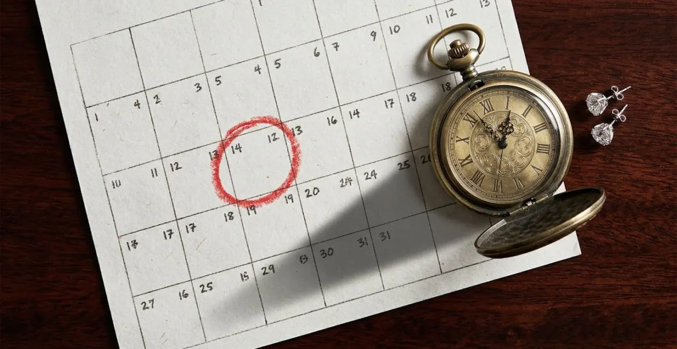 Close-up of calendar with circled return date and luxury jewelry pieces