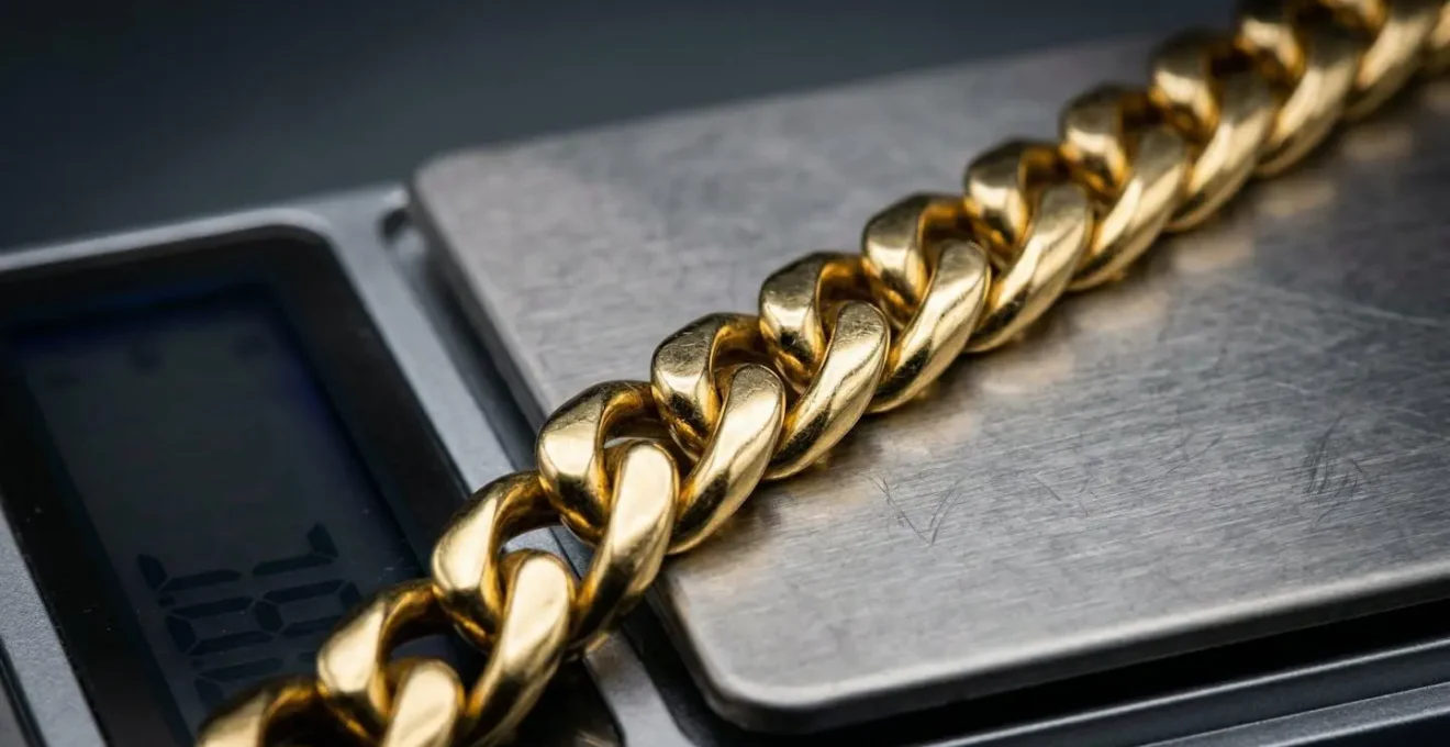 Macro shot of gold bracelet on precision digital scale showing weight measurement