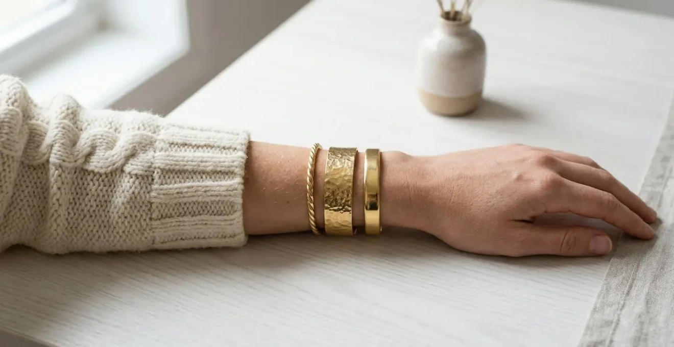 Multiple gold cuff bracelets stacked securely over the sleeve of a knit sweater.