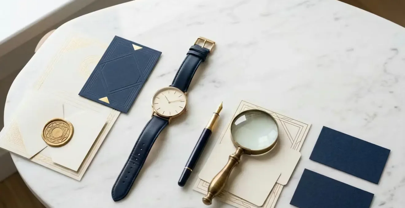 Overhead view of authentication documentation process with certificates and comparison photos