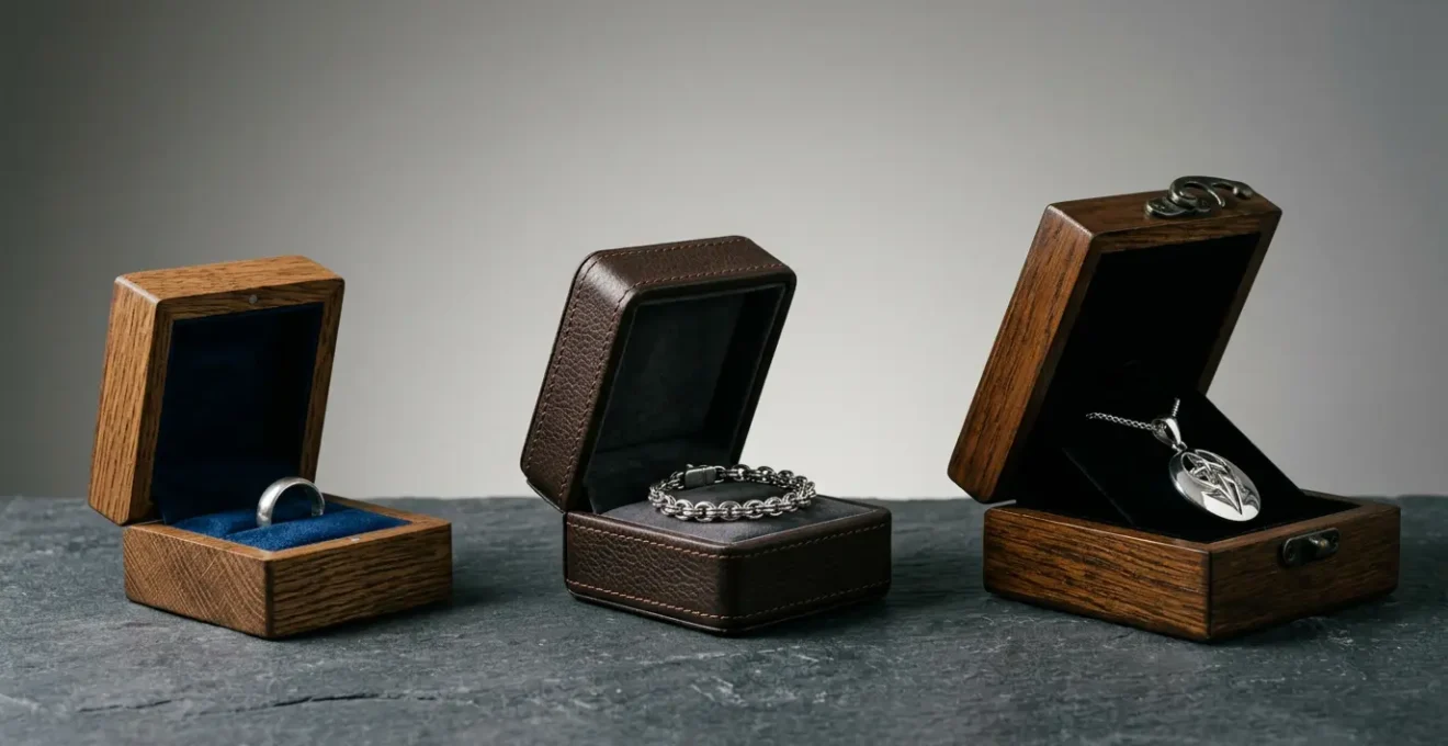Professional comparison of oak, leather, and velvet jewelry boxes showing tarnish prevention features