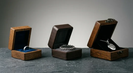 Professional comparison of oak, leather, and velvet jewelry boxes showing tarnish prevention features