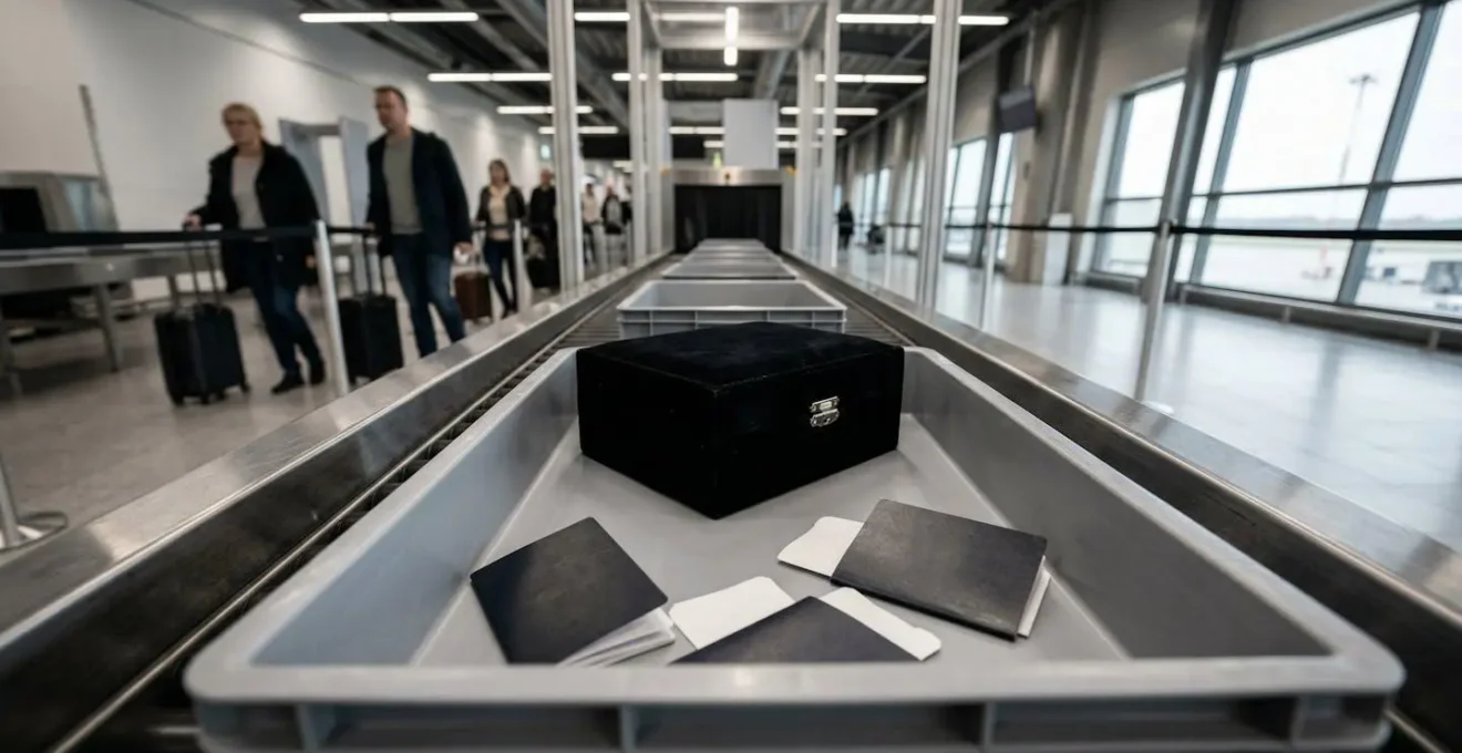 Airport security checkpoint with jewelry case and travel documents