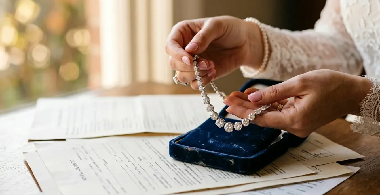 A bride examining luxury diamond jewelry with wedding contract papers in soft light