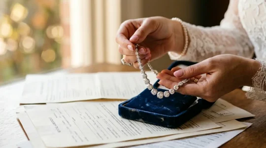 A bride examining luxury diamond jewelry with wedding contract papers in soft light