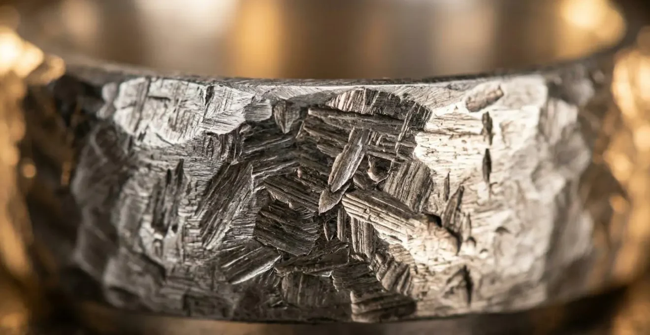 Extreme close-up of authentic hand-forged jewelry showing unique tool marks