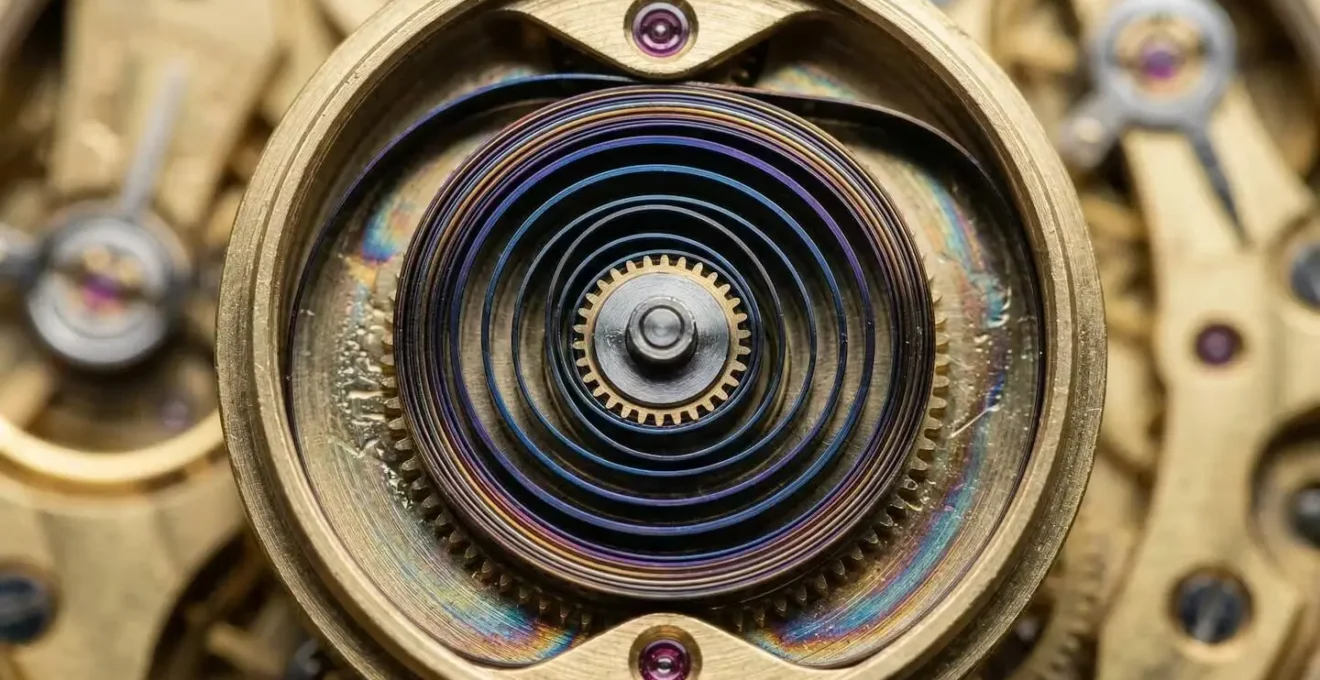 Extreme close-up of a mainspring barrel mechanism in an antique pocket watch