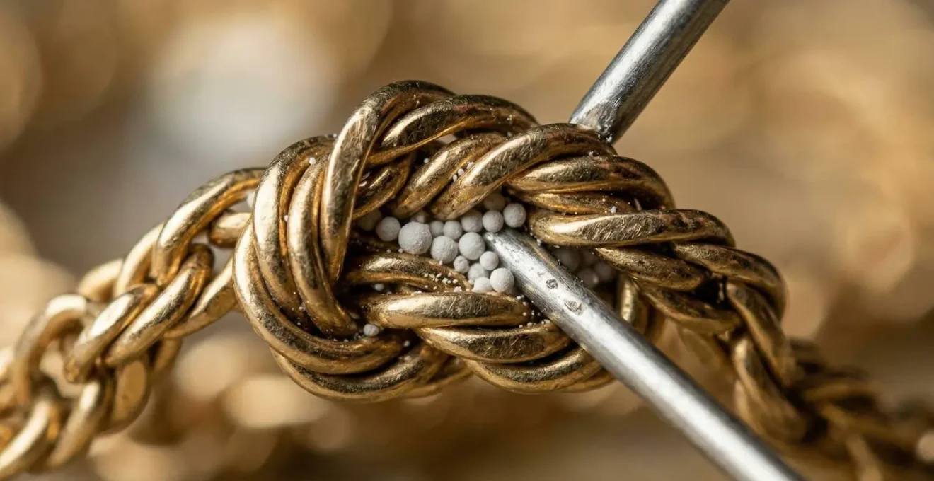Extreme close-up of baby powder particles between gold chain links during untangling process