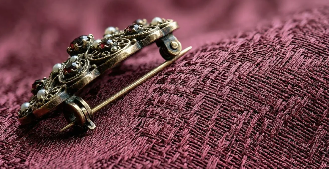 Extreme close-up of fabric weave showing brooch pin impact