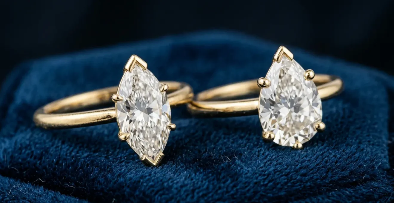 Elegant marquise and pear cut diamonds displayed with protective V-prong settings in a jewelry atelier