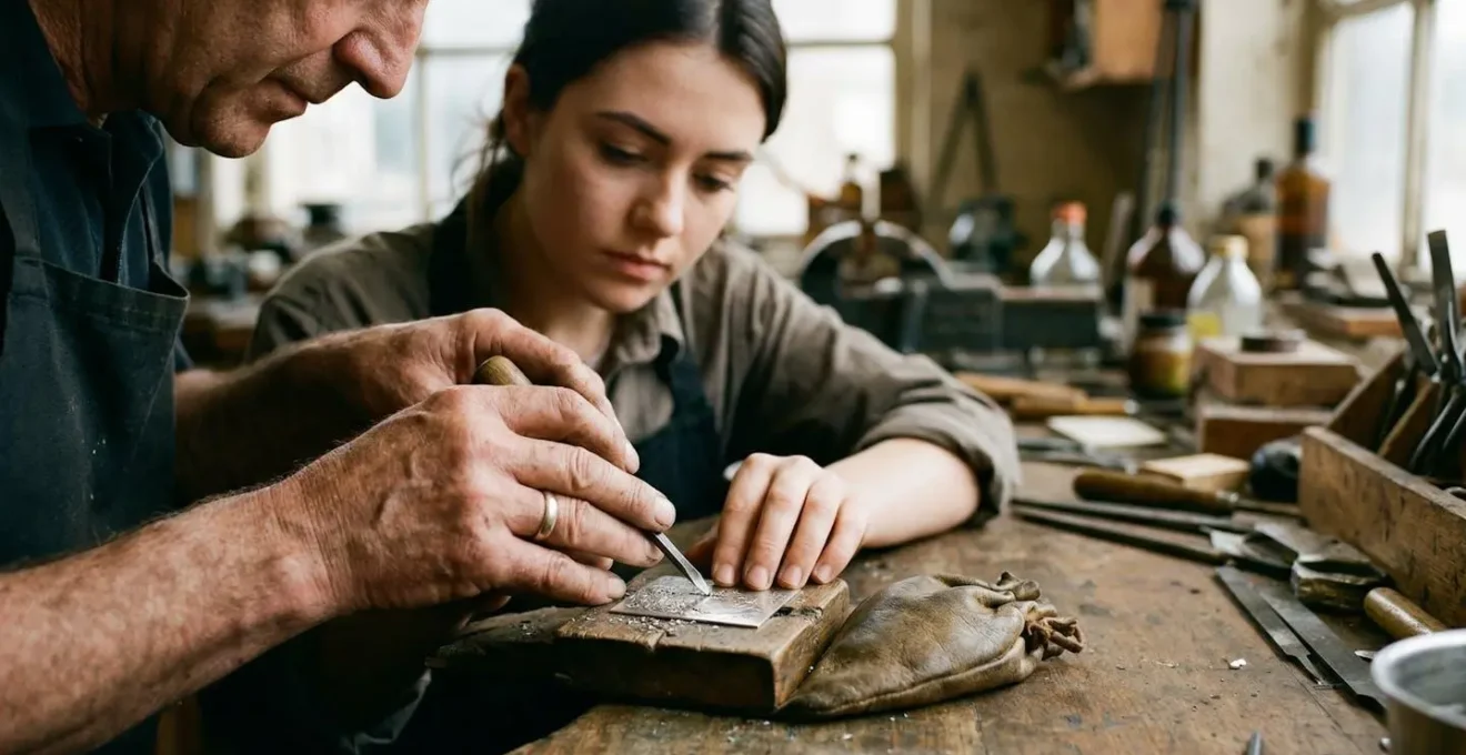 Master jeweller teaching apprentice traditional engraving techniques