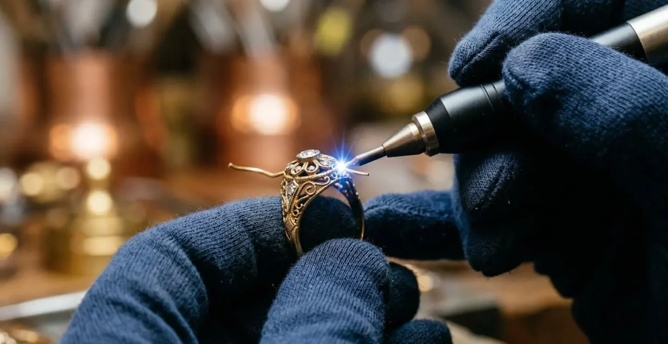 Skilled jeweller using laser welding equipment on delicate heirloom jewelry