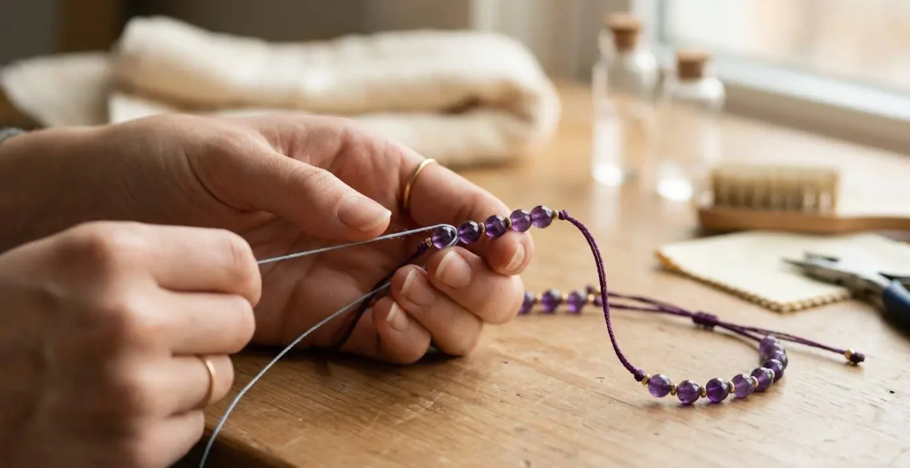 Hands demonstrating the micro-flossing technique on a gemstone choker