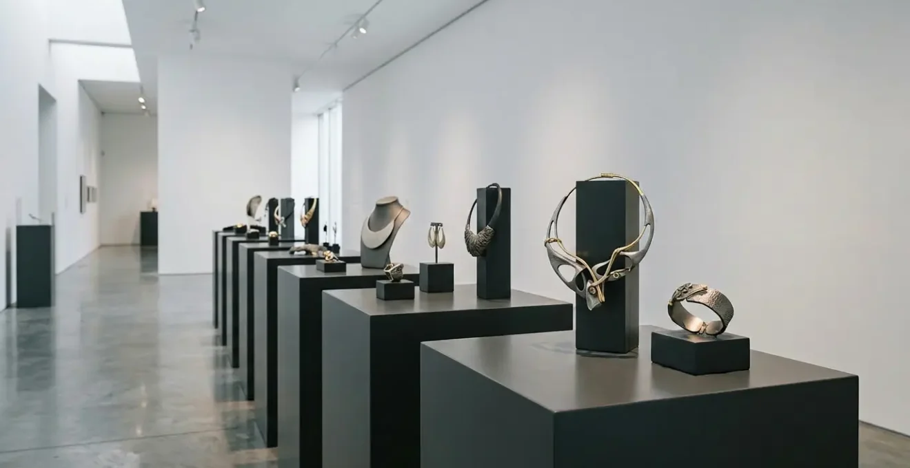 Contemporary British art jewelry displayed in museum-quality presentation with titanium pieces and maker's marks