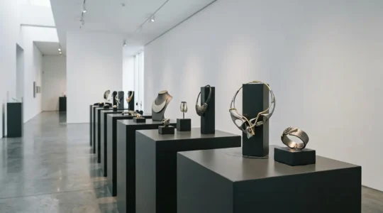 Contemporary British art jewelry displayed in museum-quality presentation with titanium pieces and maker's marks