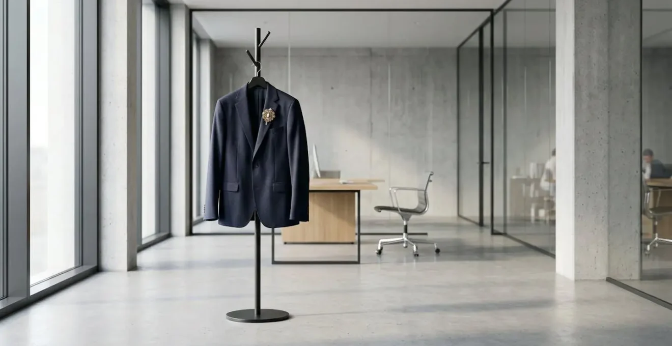 Minimalist modern office outfit with single Victorian brooch accent