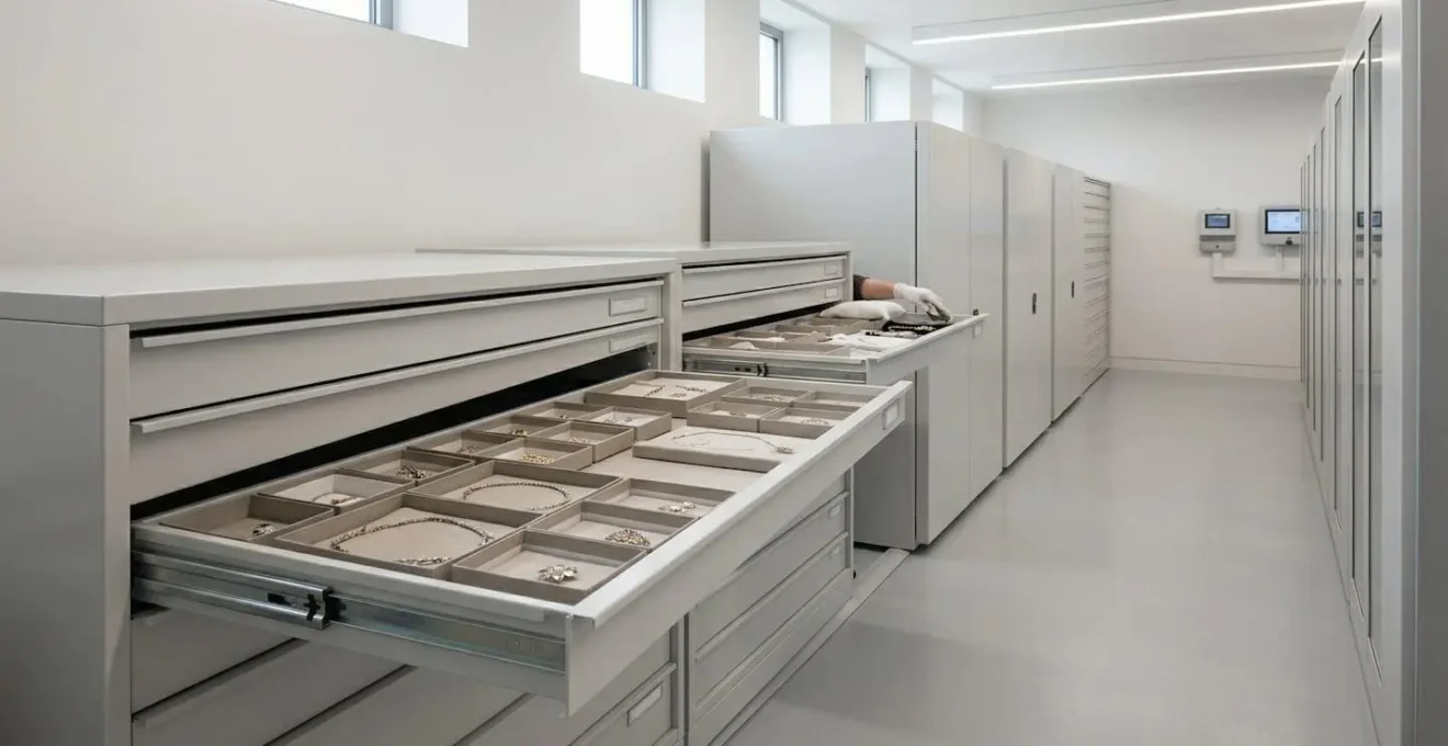 Professional museum storage facility showing climate-controlled jewelry preservation environment