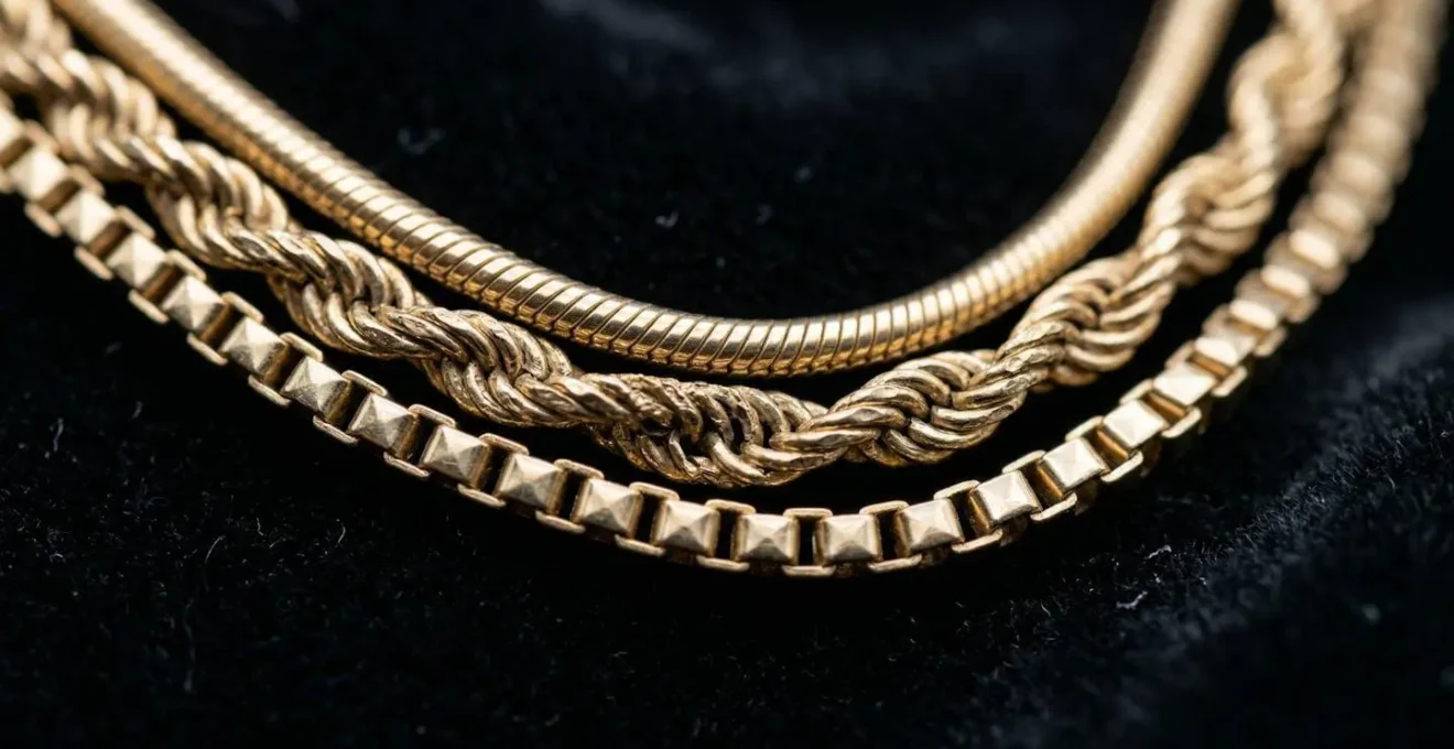 Extreme close-up of three different layered necklace chains, showing their distinct textures and how they lie separately.