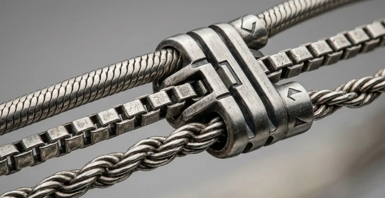 Close-up of multiple necklace chains attached to a spacer clasp showing separation mechanism
