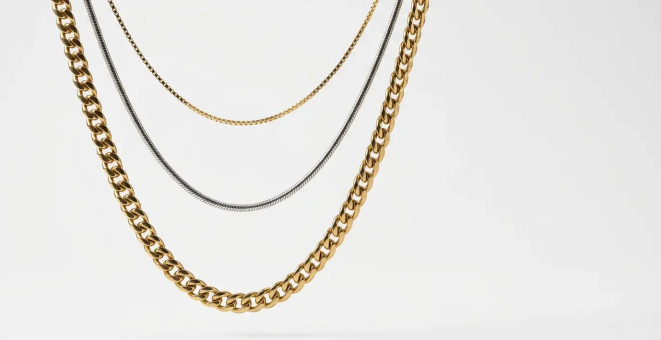 Multiple gold and silver necklaces in varying lengths cascading without tangling