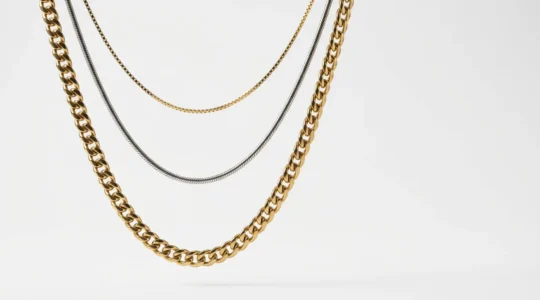 Multiple gold and silver necklaces in varying lengths cascading without tangling