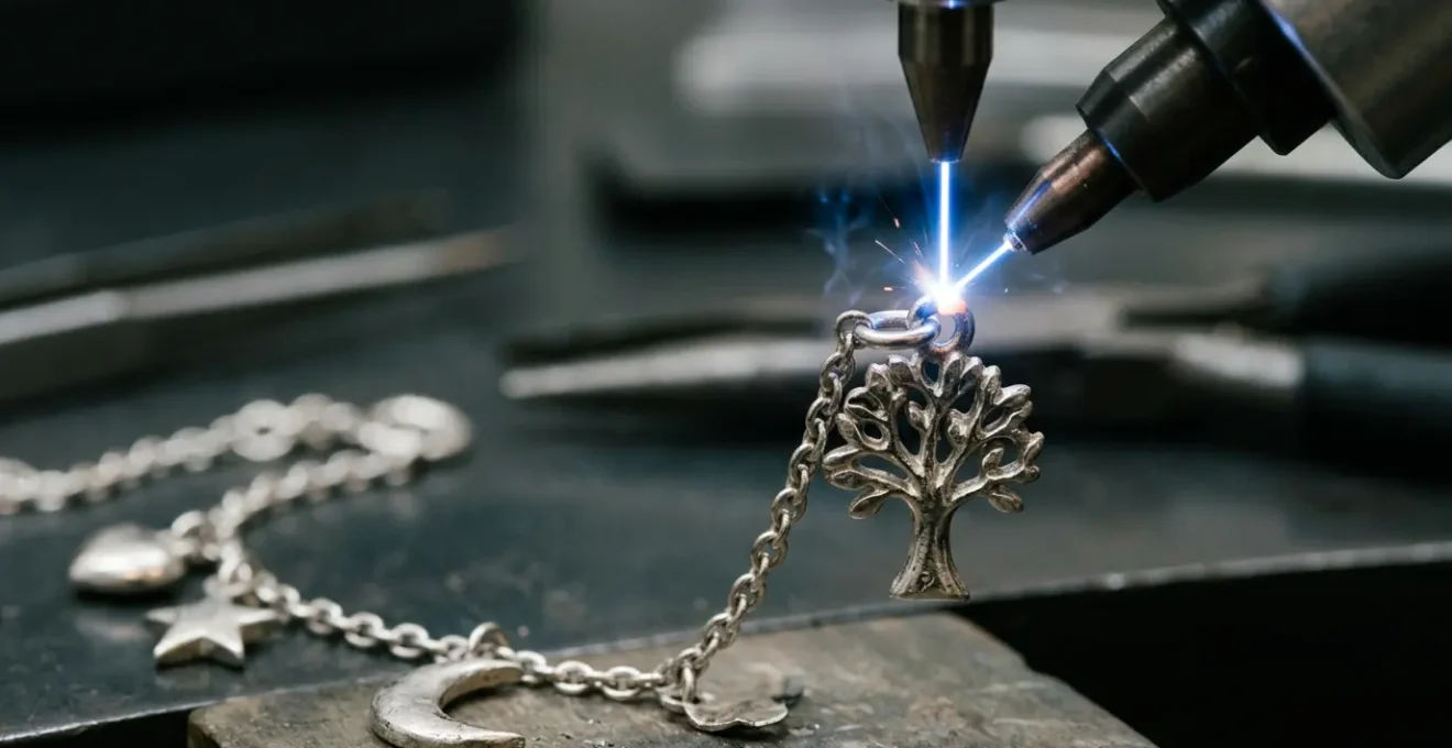 Close-up of platinum bracelet with charms being soldered using precision laser welding equipment