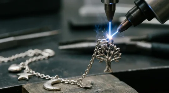 Close-up of platinum bracelet with charms being soldered using precision laser welding equipment
