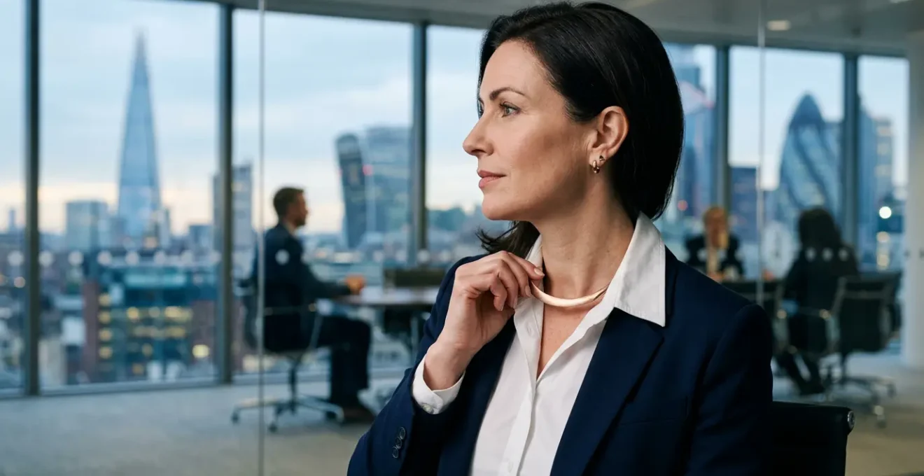 Professional woman in corporate attire adjusting an elegant statement necklace in a modern boardroom setting