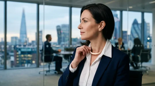 Professional woman in corporate attire adjusting an elegant statement necklace in a modern boardroom setting