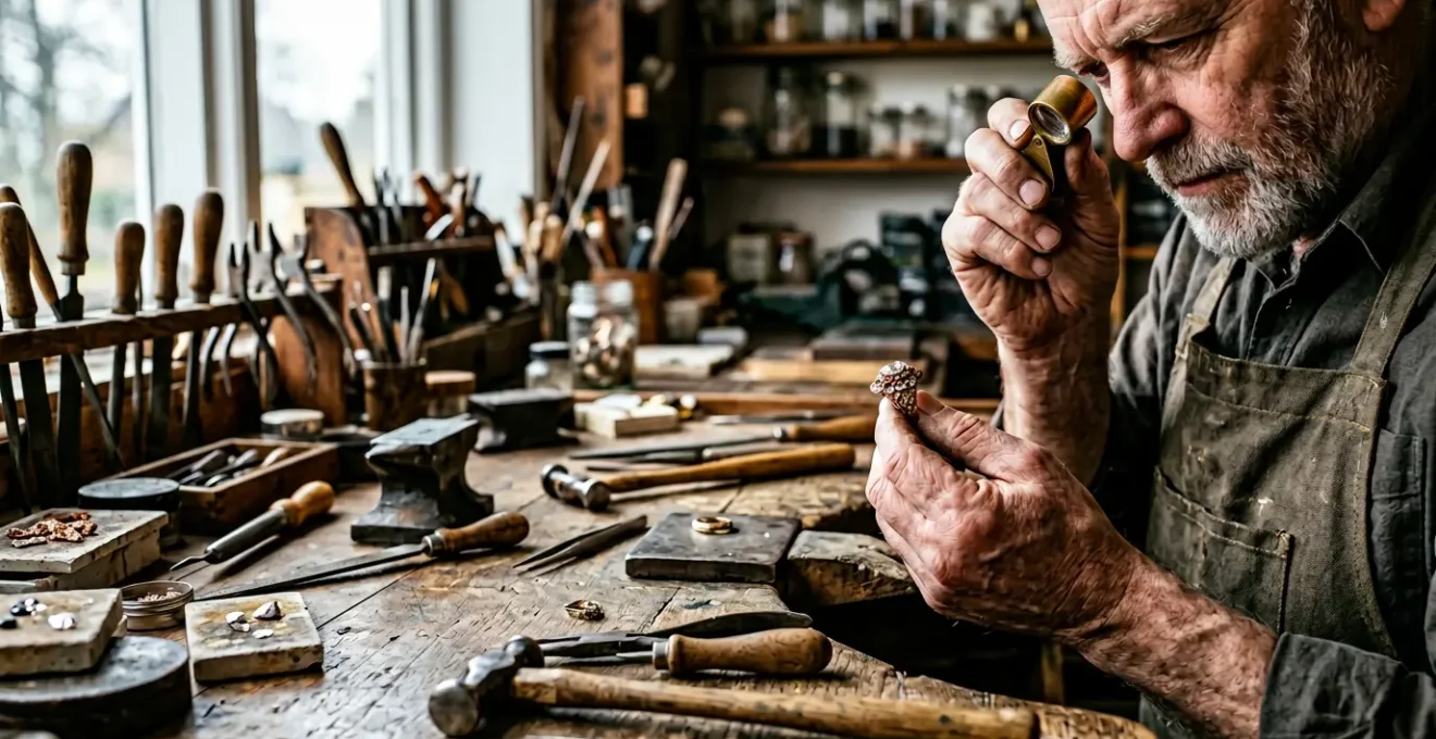 Professional jeweller inspecting an antique ring with specialized tools in a workshop setting