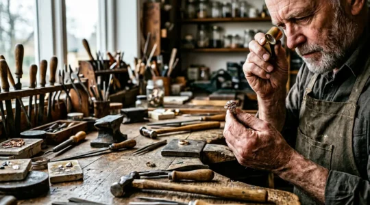 Professional jeweller inspecting an antique ring with specialized tools in a workshop setting