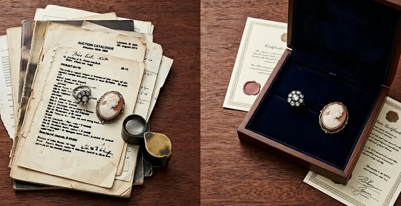 Elegant display of rare antique jewellery pieces in both auction house and dealer settings