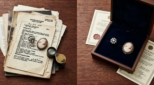Elegant display of rare antique jewellery pieces in both auction house and dealer settings