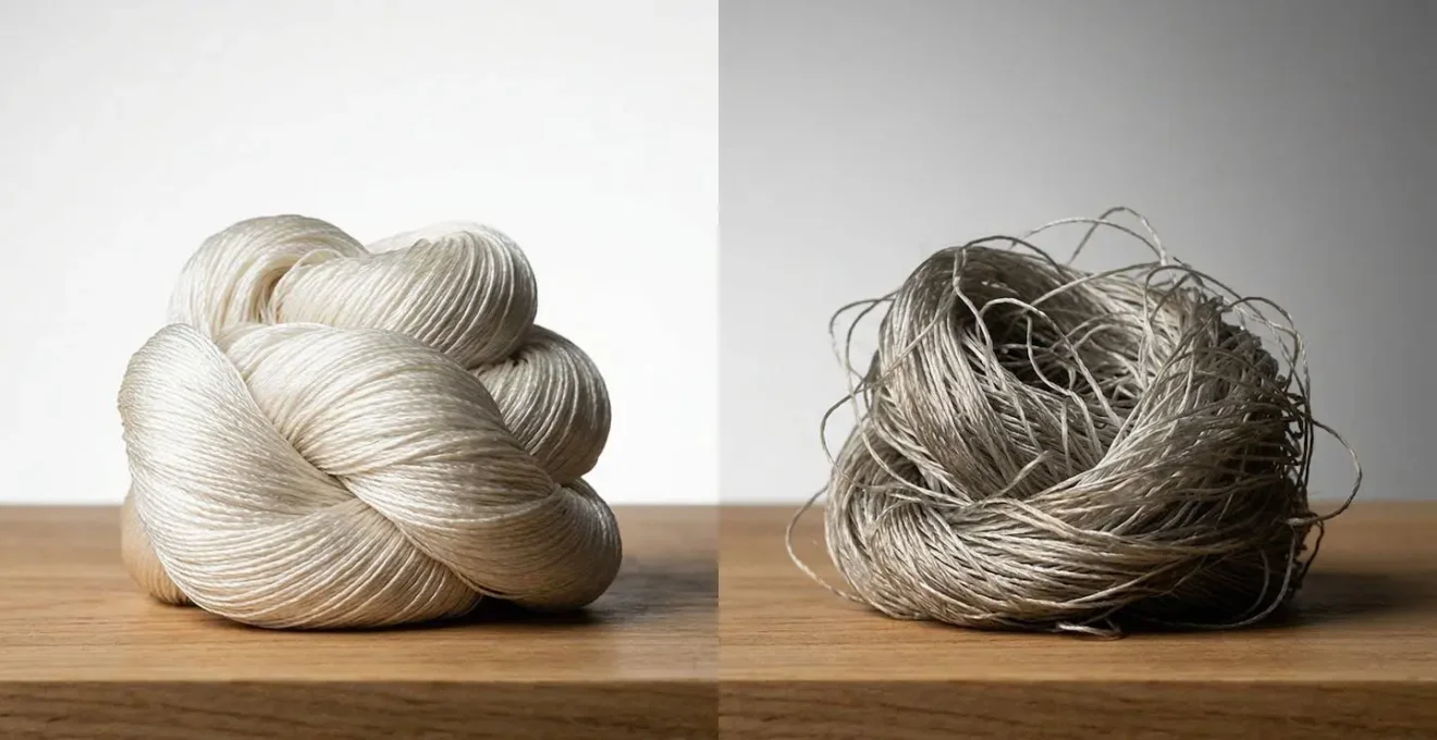 Side-by-side comparison of new opaque silk thread versus worn translucent thread from skin oil absorption