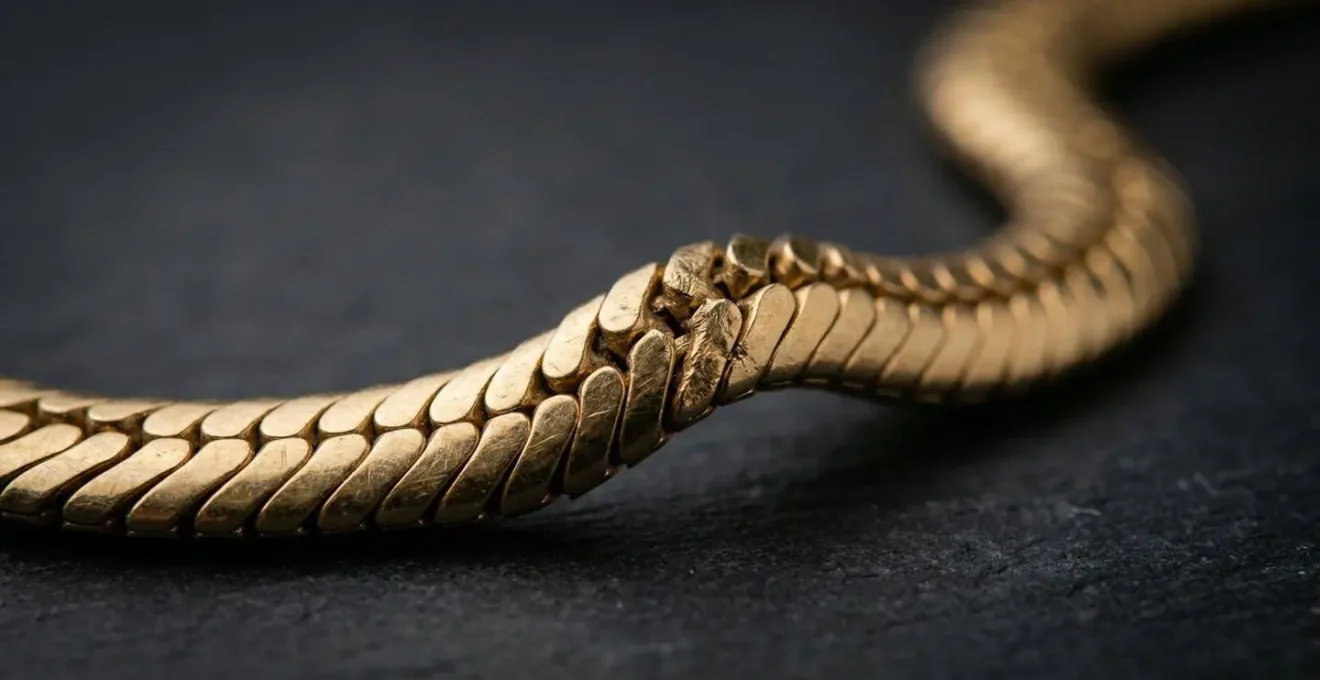 Macro shot of gold snake chain showing kink memory and structural weakness points